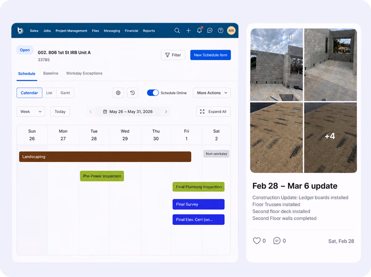 Project schedule with tasks from May 26 to June 2 and construction update photos with notes.