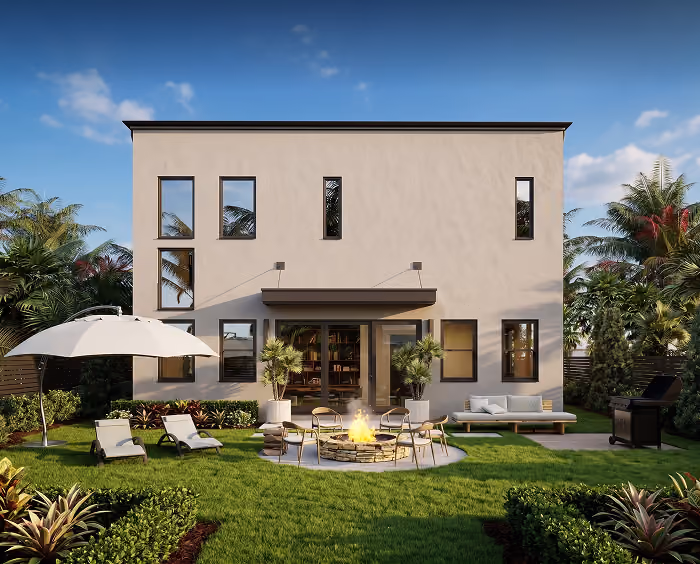 Modern two-story house with patio, fire pit, chairs, sun loungers, and umbrella on green lawn.