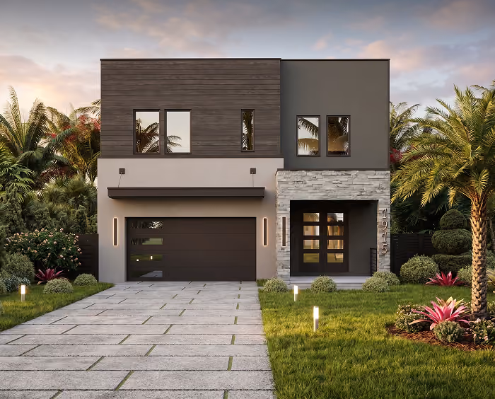 Modern two-story house with a dark garage door, stone facade, and landscaped yard with palm trees.