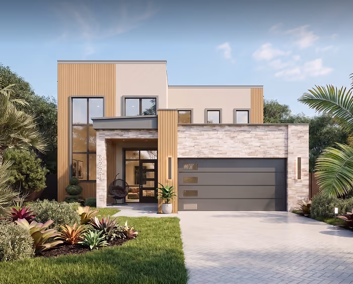Modern two-story house with tall windows, wood and brick facade, garage, and front garden with tropical plants.