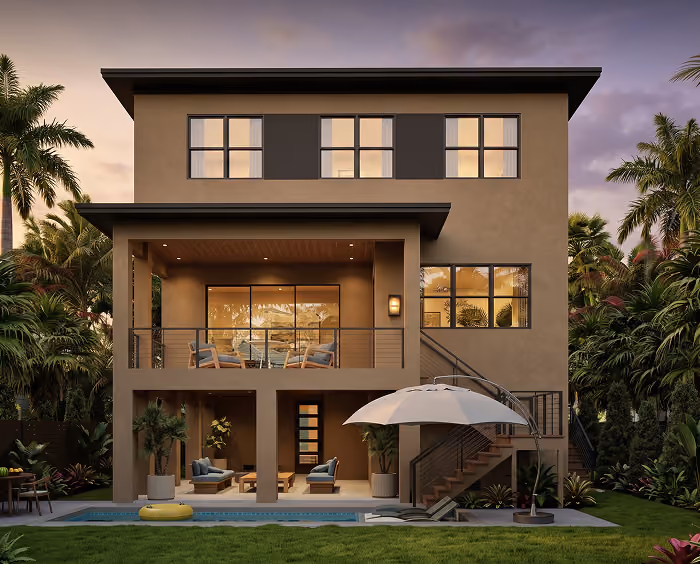 Modern two-story house with lit windows, outdoor seating, a pool, and stairs leading to the upper balcony at dusk.