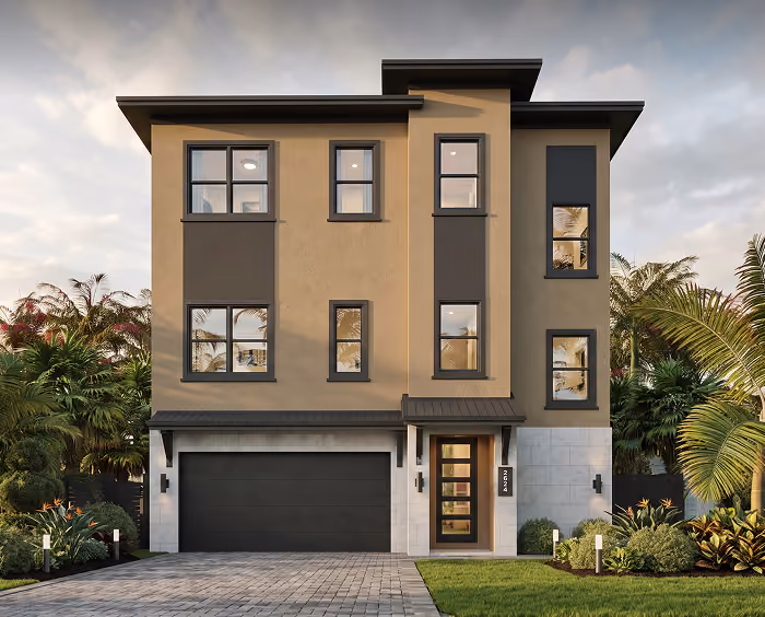 Modern three-story house with large windows, double garage, and landscaped front yard under a cloudy sky.