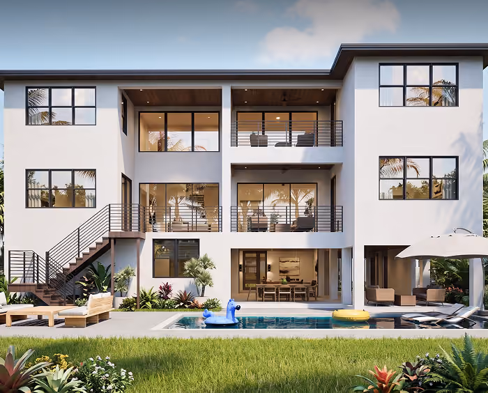 Modern three-story white house with large windows, balconies, pool, and outdoor seating under umbrella.