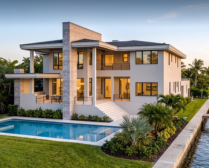 Modern two-story house with large windows, a stone chimney, pool, and landscaped yard by the water.