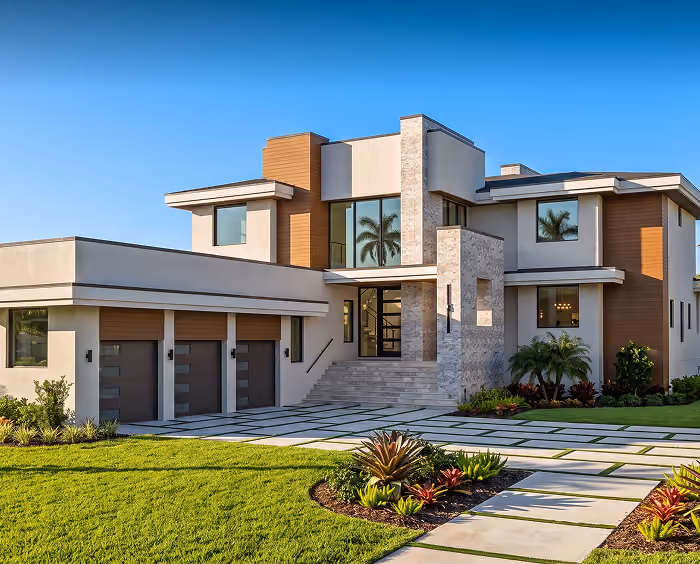 Modern two-story house with large windows, stone accents, triple garage, and landscaped lawn under blue sky.