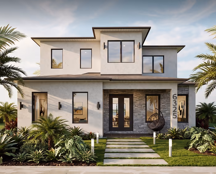 Modern two-story house with large windows, stone facade, hanging chair, and landscaped front yard.