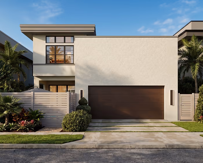 Modern two-story house with large brown garage door, white exterior walls, and landscaped front yard.