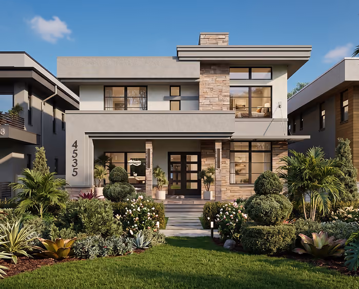 Modern two-story house with stone accents, large windows, and lush green landscaped front yard.
