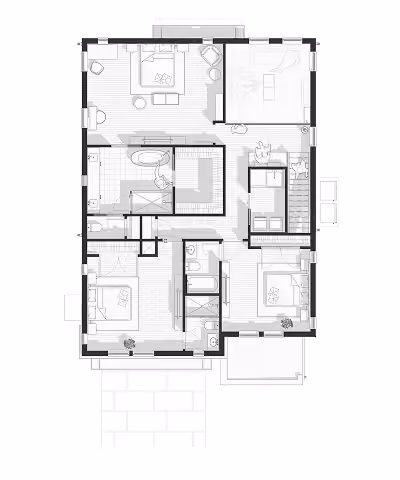 Black and white architectural floor plan showing bedrooms, bathrooms, living areas, and stairs.