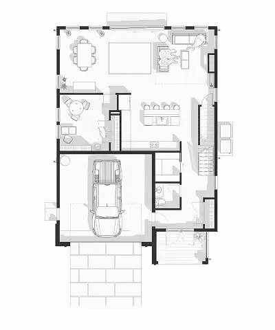 Black and white floor plan showing garage, kitchen with island, dining, living room, office, and bathroom.