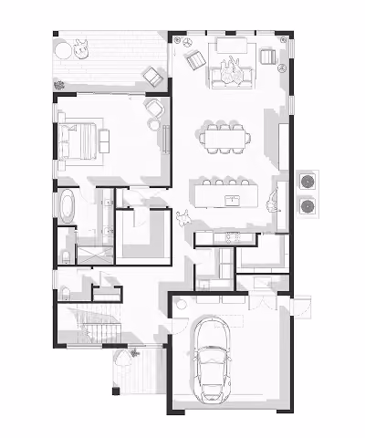 Black and white floor plan showing garage, bedroom, kitchen, dining, living room, bathroom, and outdoor patio.