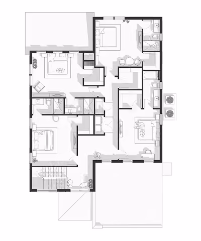 Black-and-white floor plan showing multiple bedrooms, bathrooms, living areas, and a stairway.