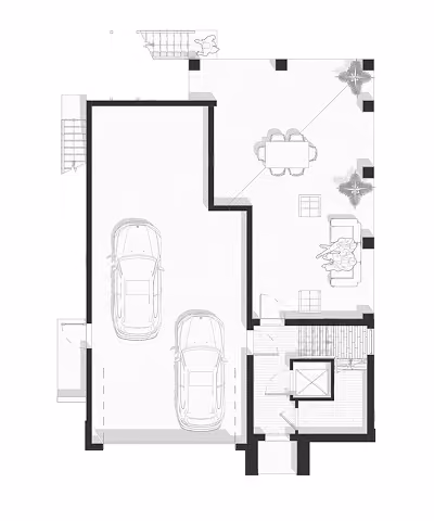 Floor plan showing two-car garage, dining area, living room, stairs, and entryway.