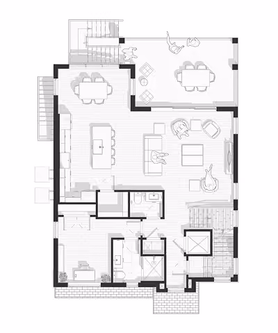 Architectural floor plan showing rooms with furniture including dining, living, kitchen, bedrooms, and bathrooms.