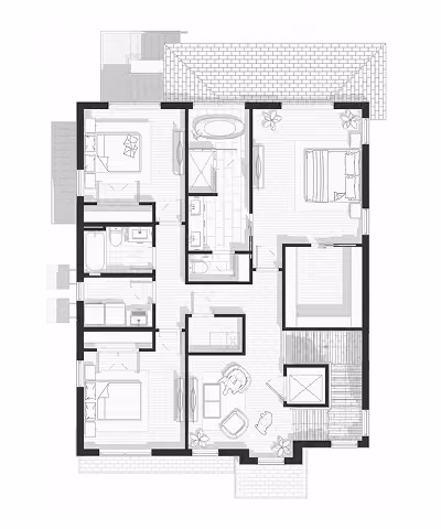 Architectural floor plan showing three bedrooms, two bathrooms, living room, and outdoor patio area.
