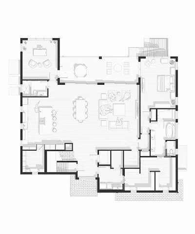 Floor plan showing living, dining, kitchen, bedroom, bathrooms, and entry areas with furniture layout.