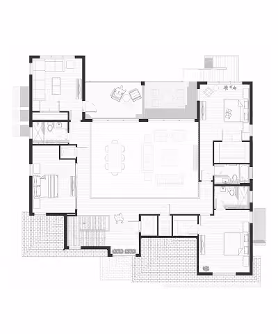 Architectural floor plan showing multiple rooms including bedrooms, bathrooms, living and dining areas.
