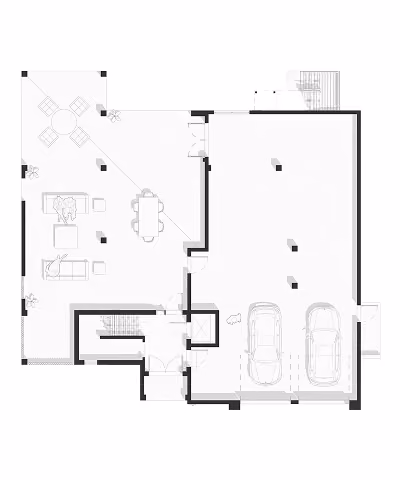 Floor plan showing a two-car garage, living area with sofa, dining table, and outdoor patio with seating.