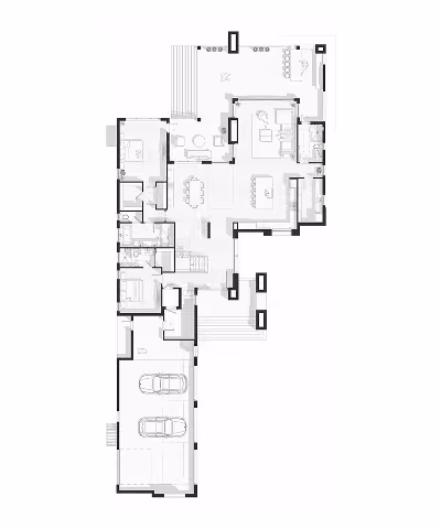 Architectural floor plan showing rooms, furniture, and a two-car garage layout.