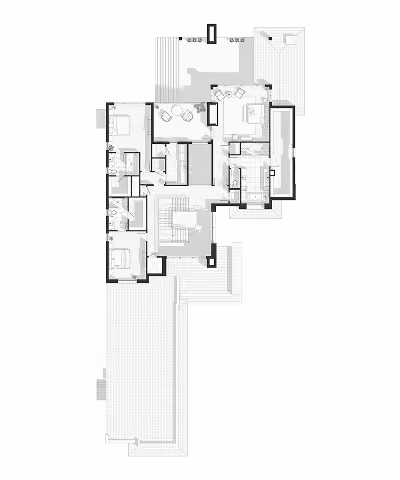 Architectural floor plan of a house showing rooms, furniture placement, and outdoor areas on level two.