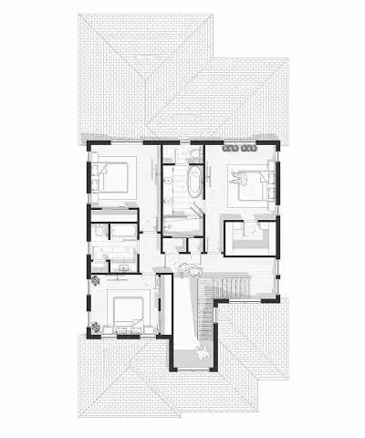 Architectural floor plan of a house section showing rooms, stairs, and roof outline.