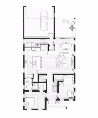 Floor plan with garage, kitchen, living room, dining area, two bedrooms, bathroom, and outdoor patio.