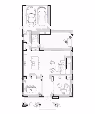 Floor plan with garage for two cars, kitchen, dining room, living room, office, bathroom, and outdoor patio.