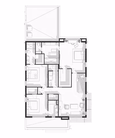 Black and white floor plan with bedrooms, bathrooms, living room, and stairs in a rectangular layout.