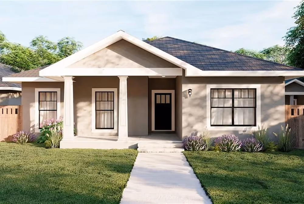 Single-story house with a front porch, two columns, black windows, and green lawn with shrubs.