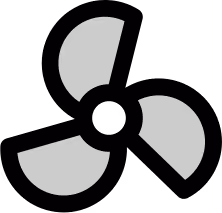 Simplified black and white fan icon with three blades overlapping in a circular shape.