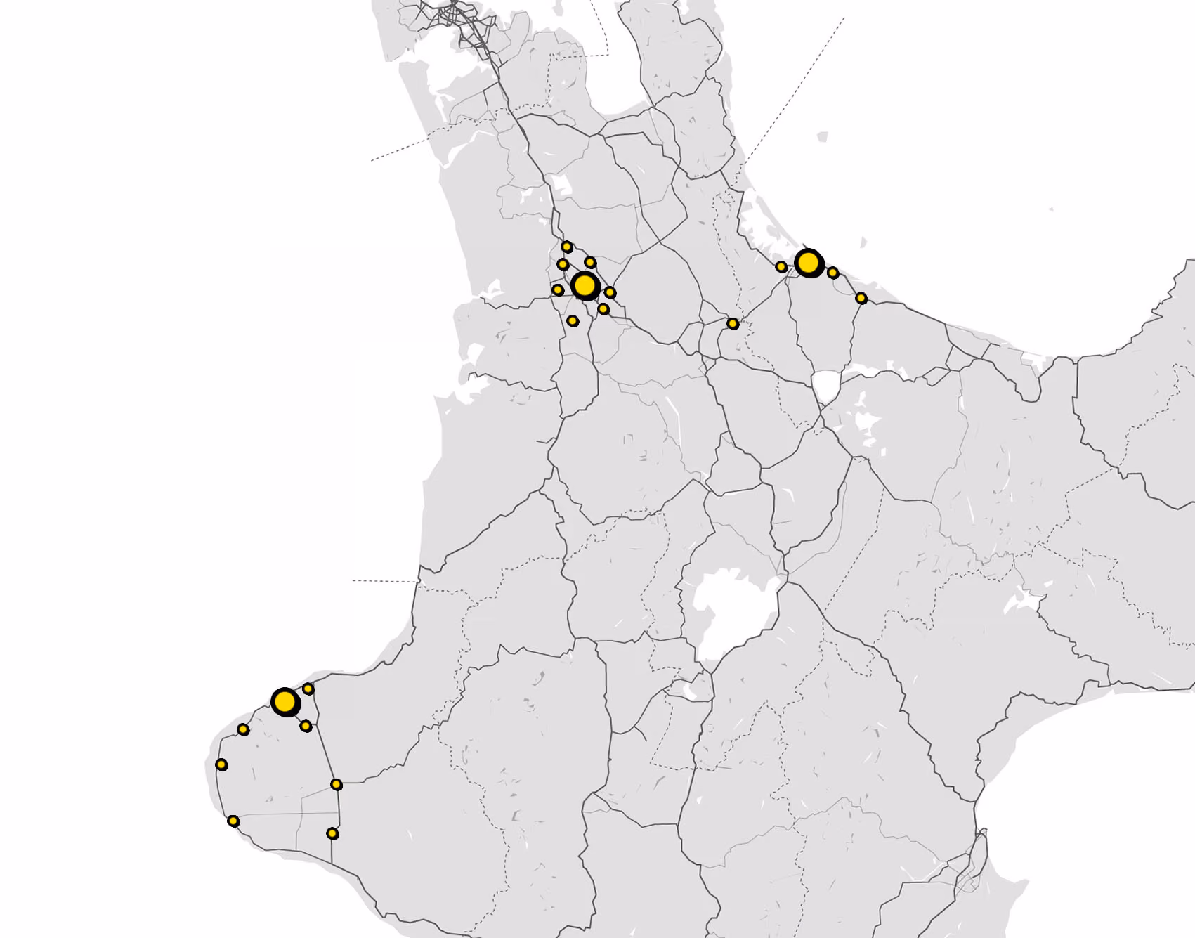 Gray map with black borders and clusters of yellow dots indicating locations in three main areas.