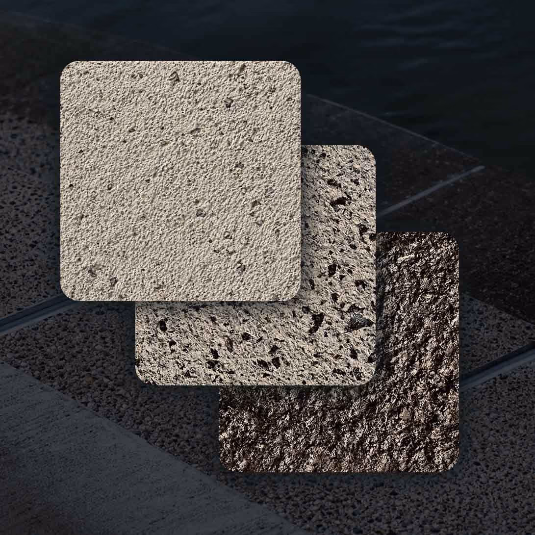 Three rectangular concrete texture samples in light to dark gray, layered over a dark stone background.