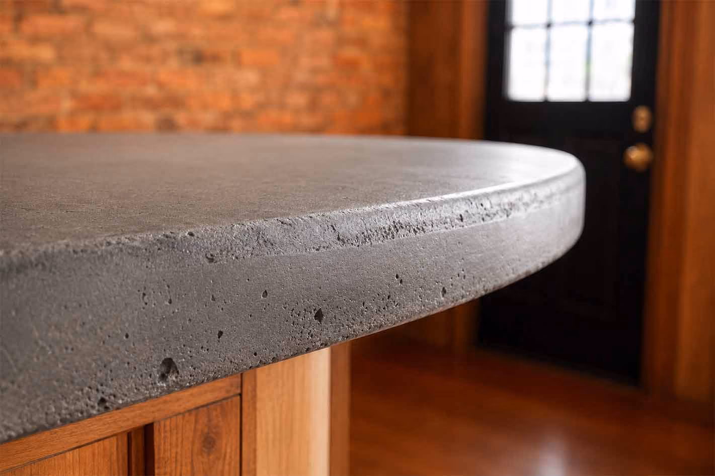 Close-up of a rounded concrete countertop edge on a wooden cabinet with a brick wall and door in background.