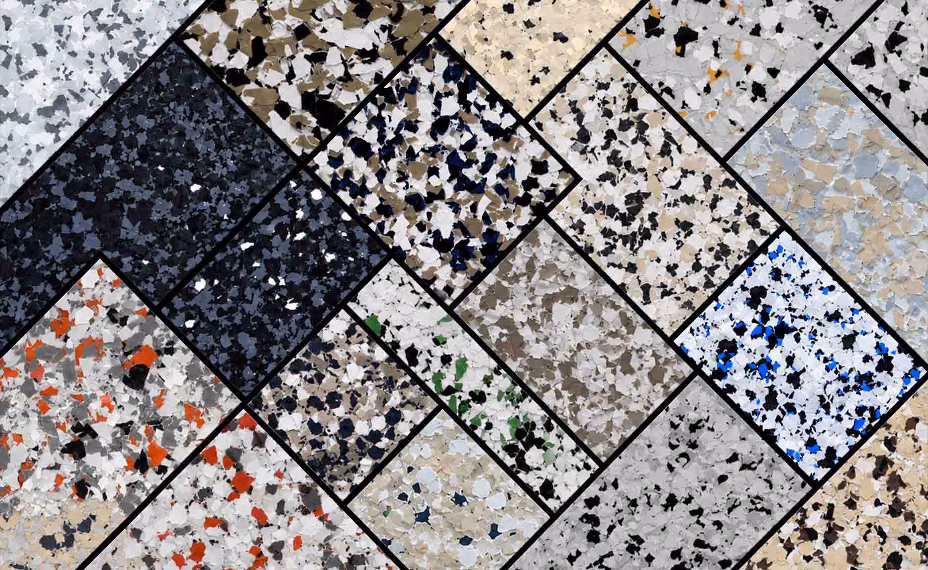 Varied colored epoxy floor coatings in rectangular samples with flakes of different colors and sizes.