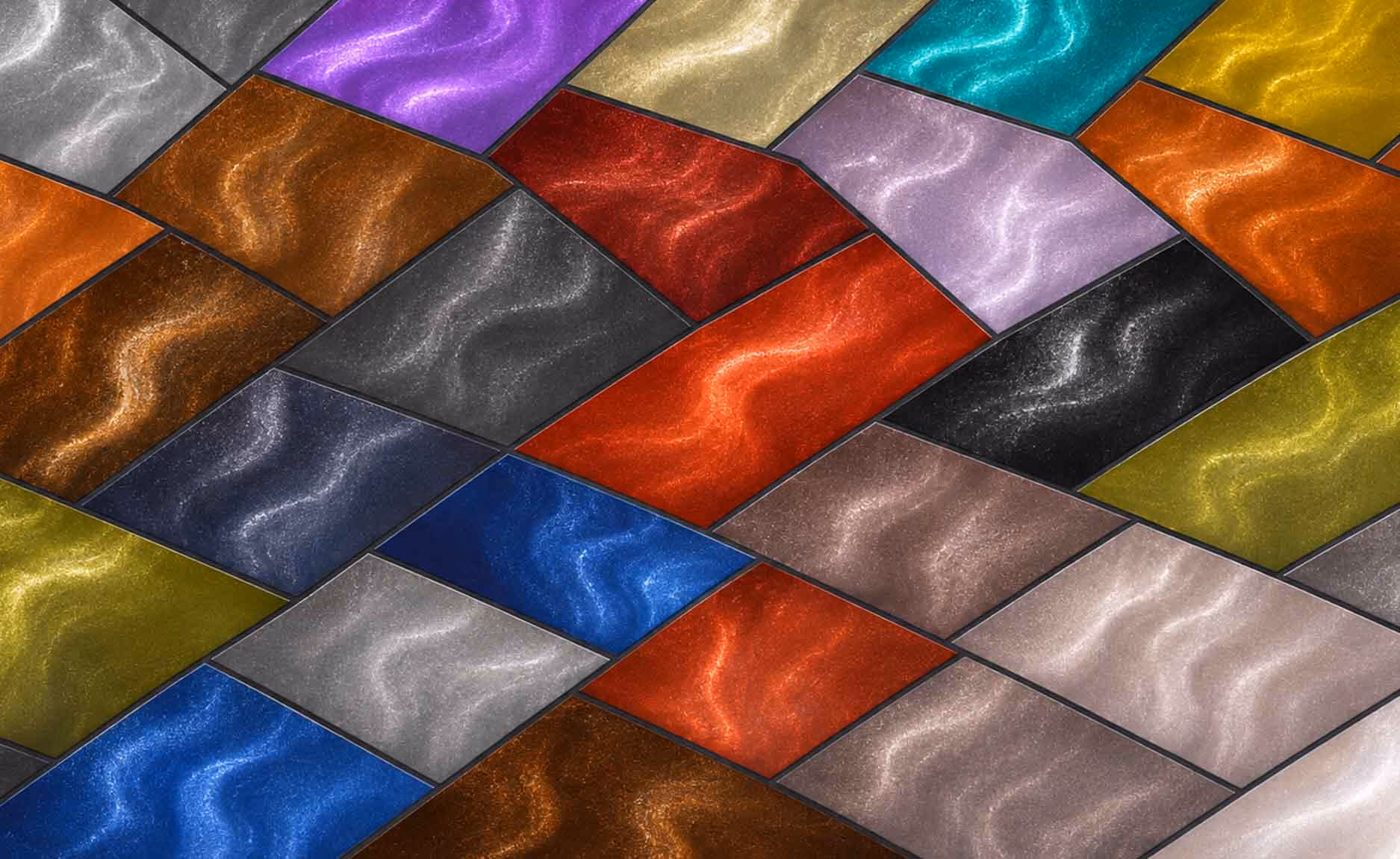 Close-up of a colorful metallic textured pattern with wavy reflections in rectangular shapes.