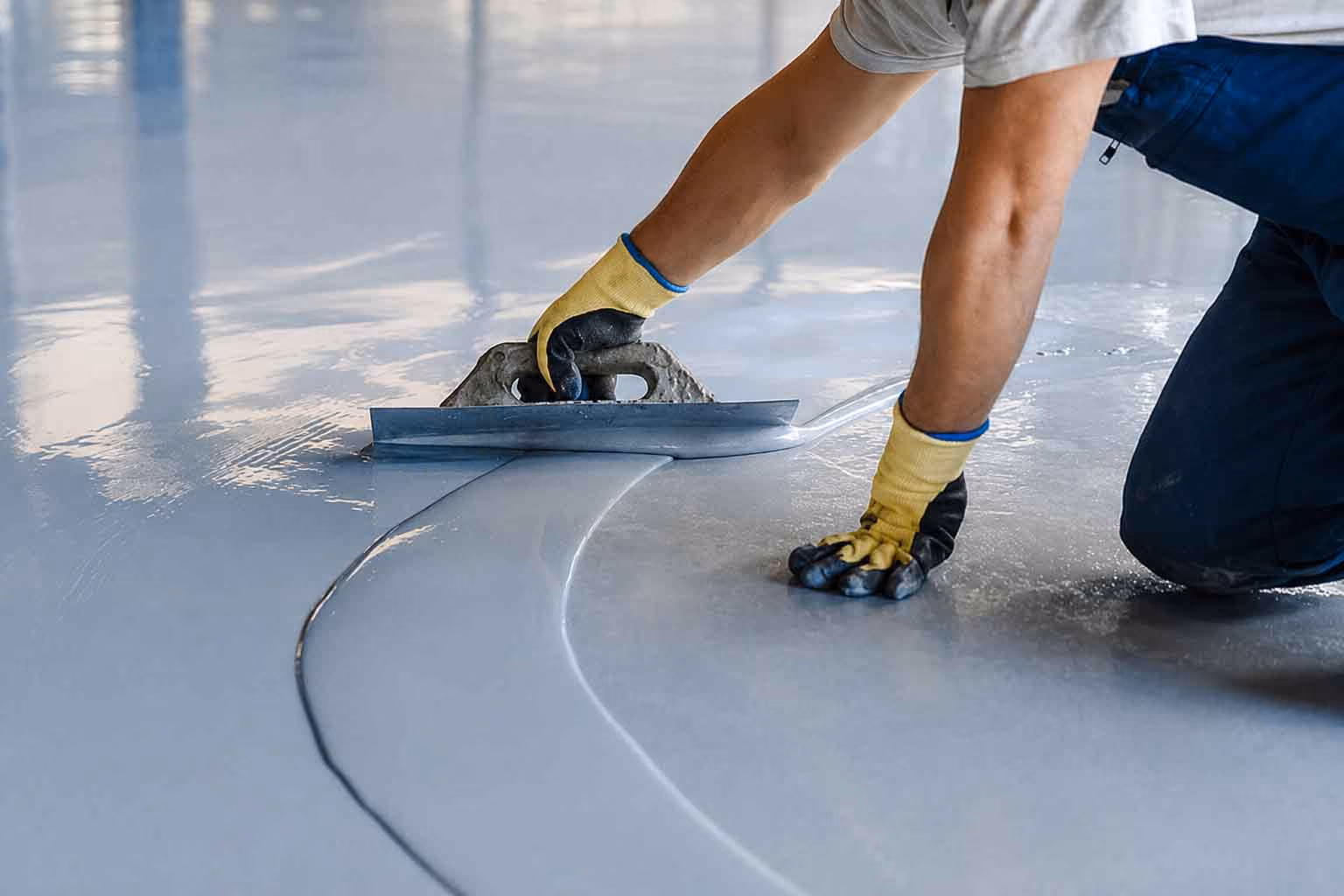 Worker wearing yellow gloves spreading smooth gray epoxy coating on a floor with a trowel.