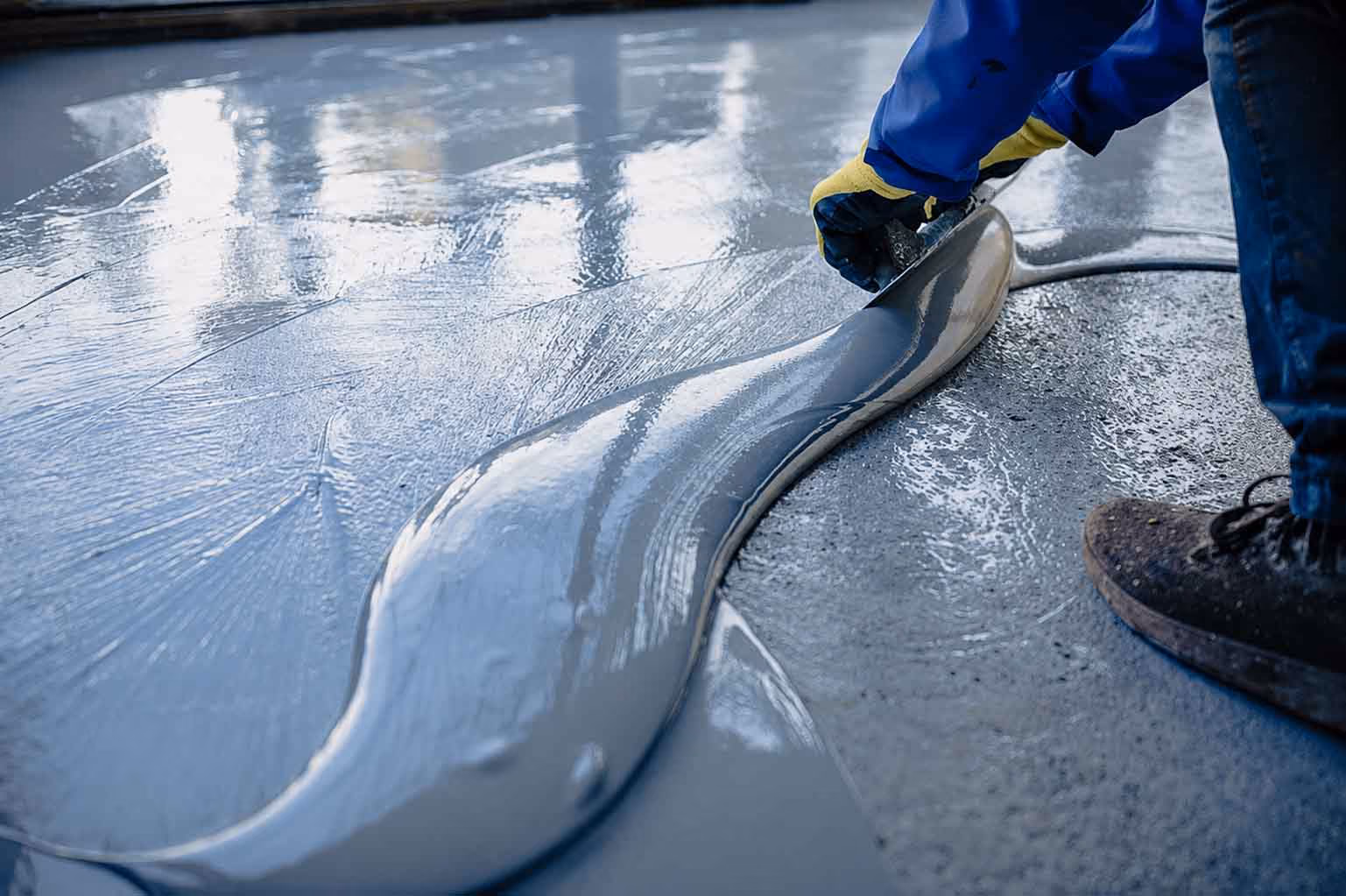 Worker smoothing wet gray epoxy coating on concrete floor with a trowel.