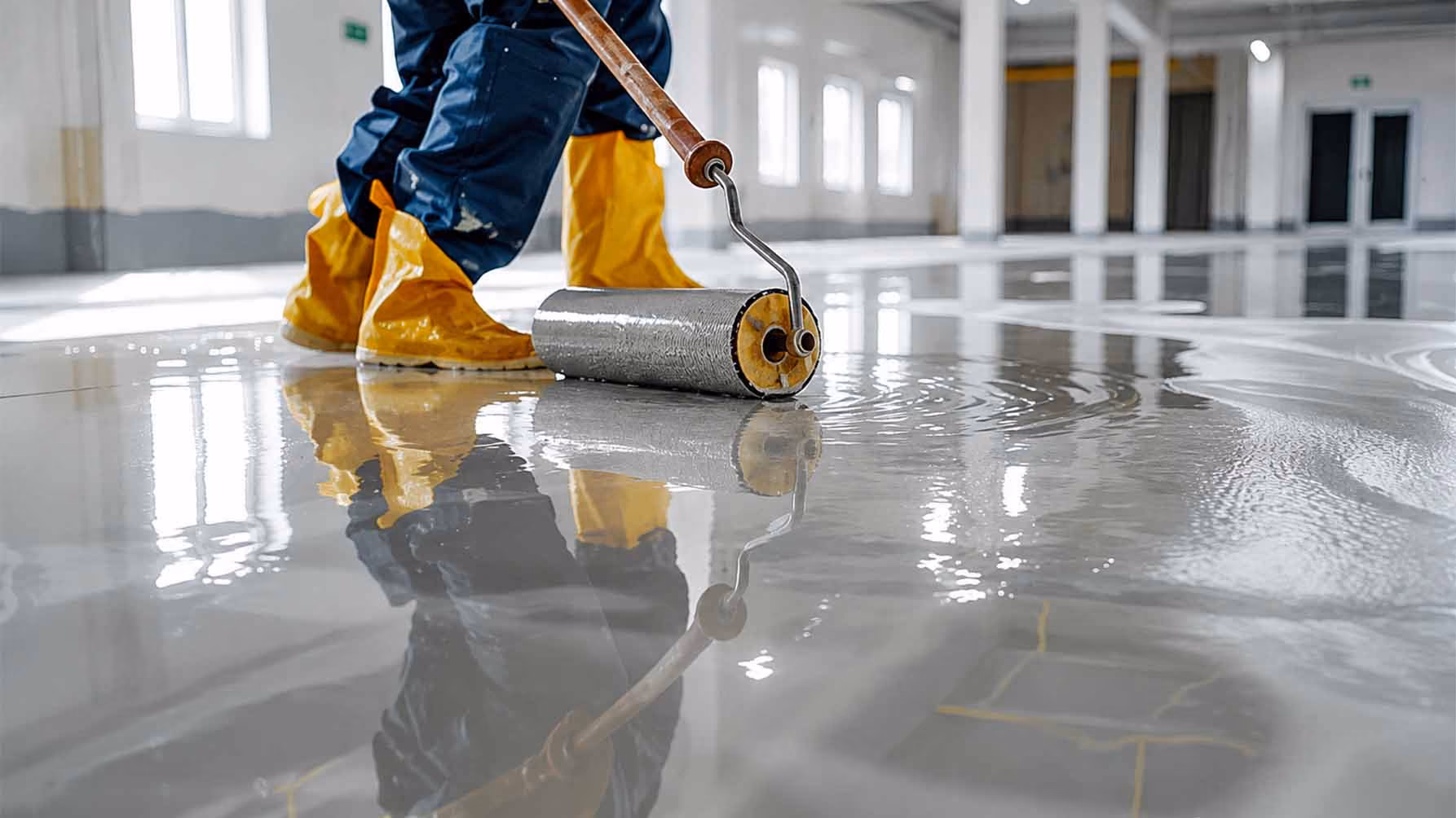Worker in yellow boots applying epoxy coating on floor with a roller in a bright industrial space.