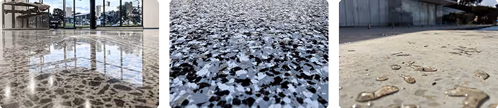 Three close-up images of textured floor finishes including polished stone, speckled surface, and water droplets.