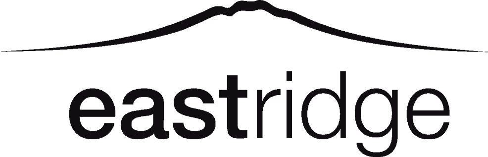 Logo with text 'eastridge' and a simple mountain ridge silhouette above the text.