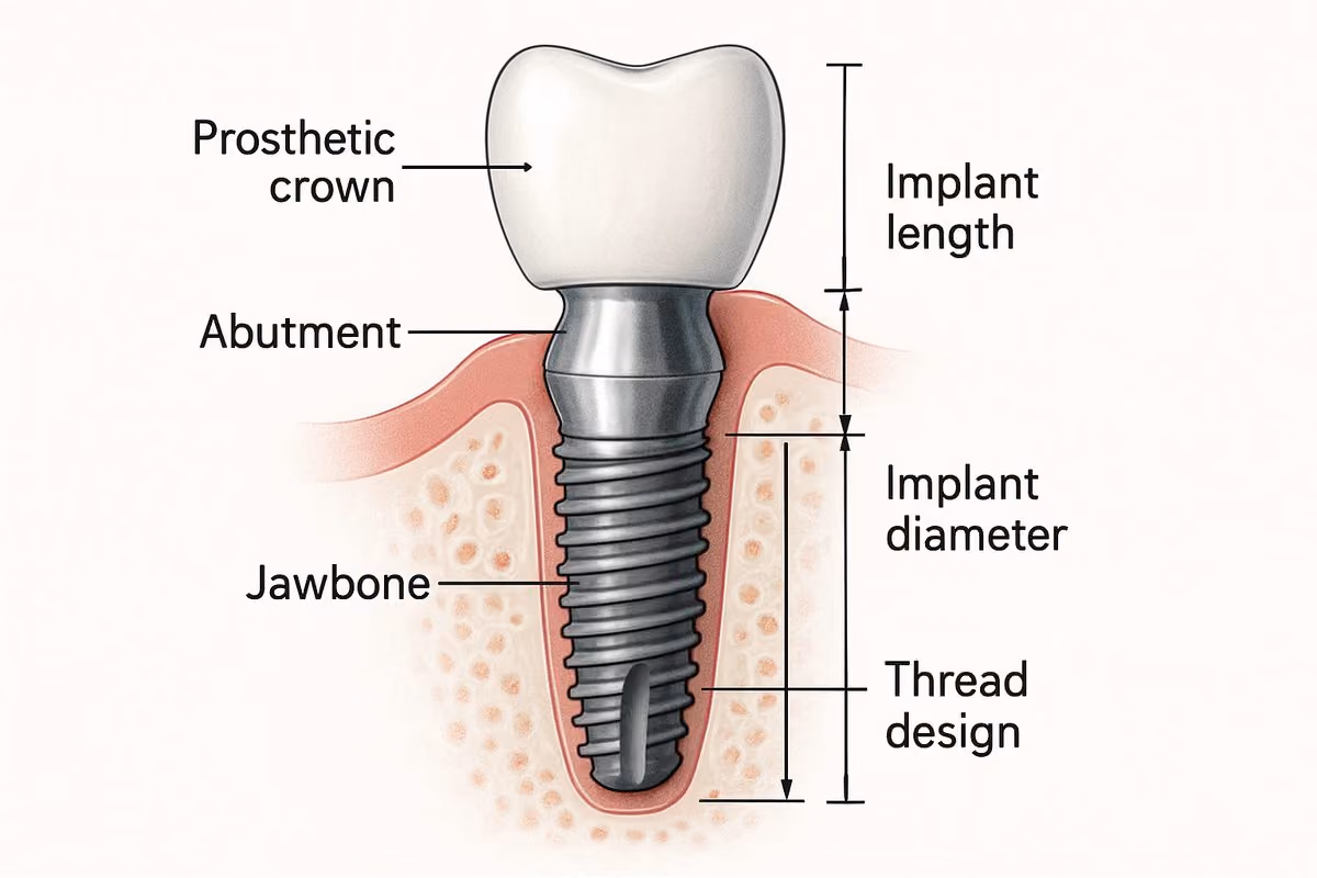Cross-section diagram of a dental implant showing the post, abutment, and crown