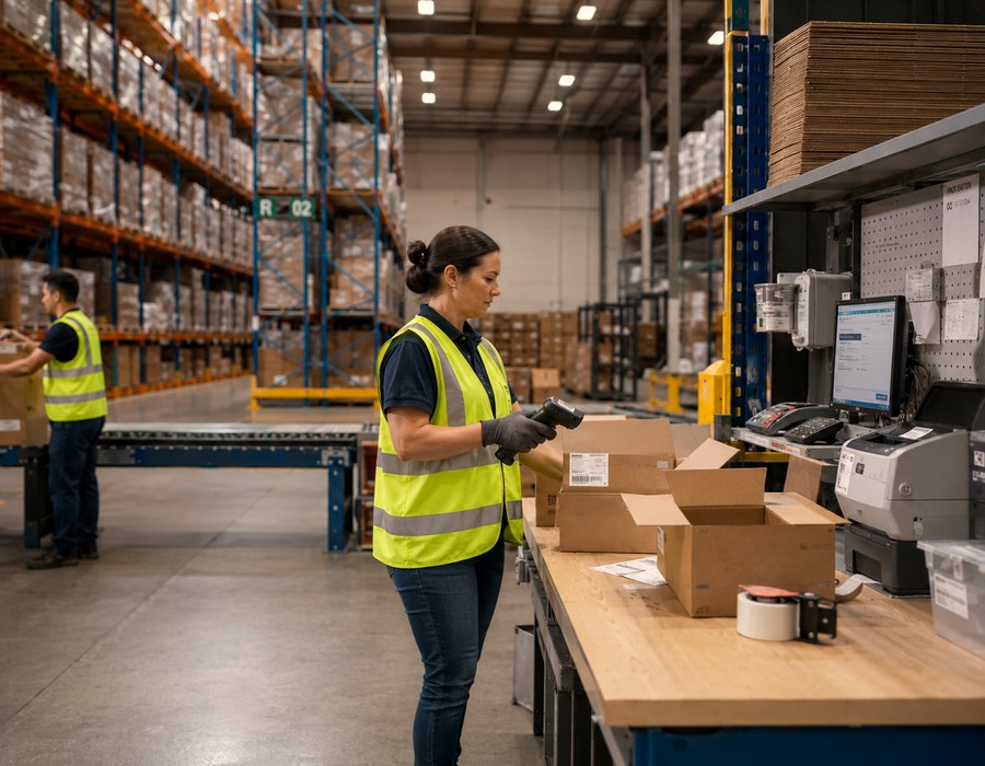 Warehouse associate scanning an outbound box at a pack station with an integrated printer and terminal