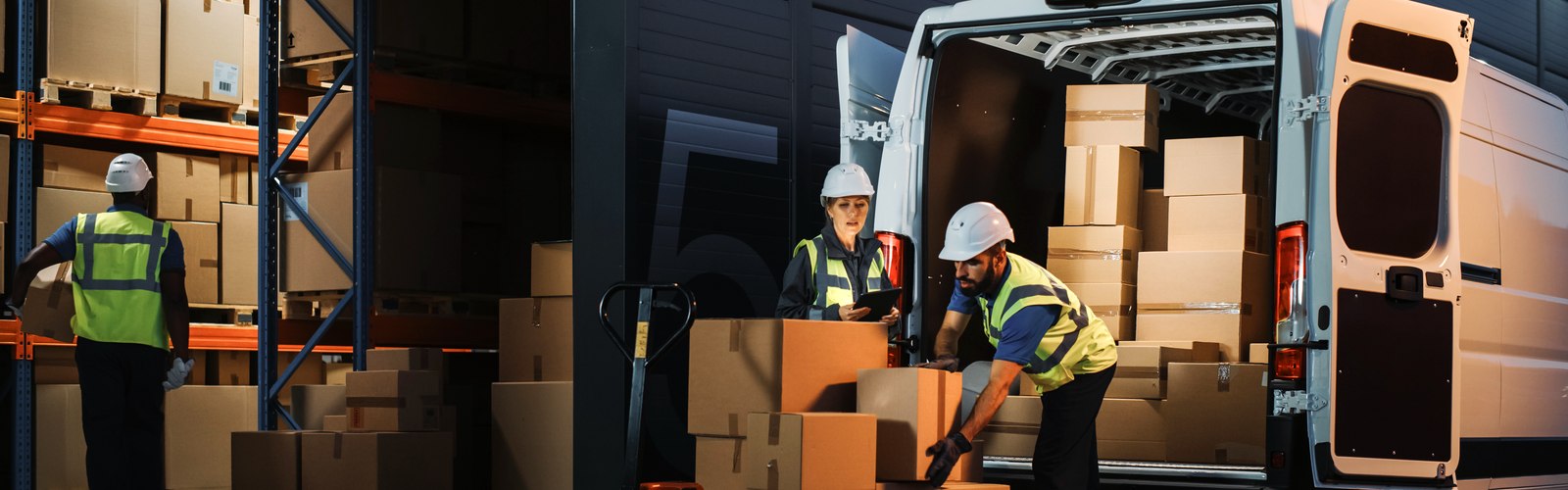 Warehouse team loading a delivery van at night