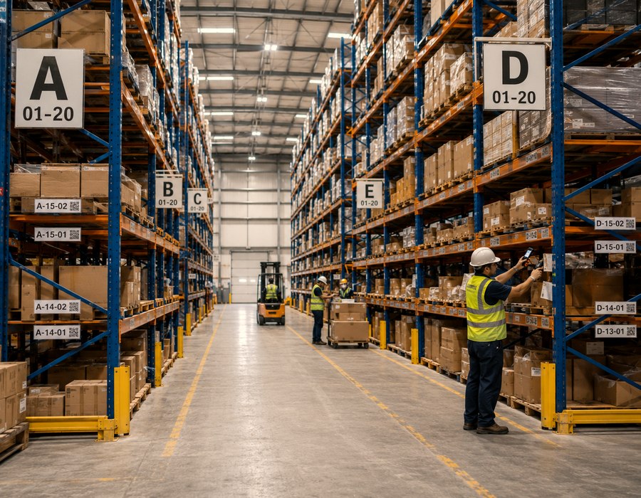 Warehouse worker scanning a labeled bin location on tall racking