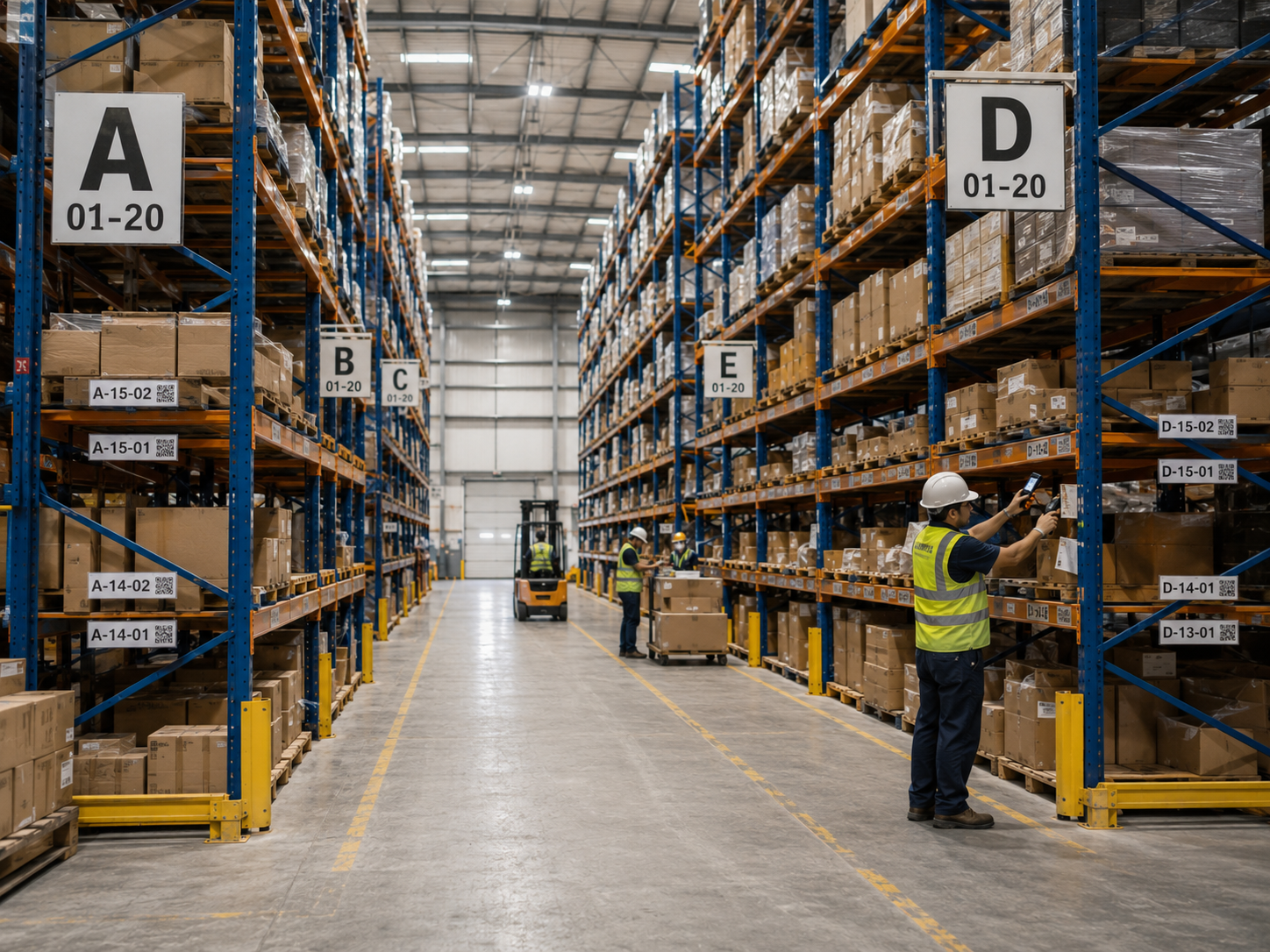 Worker scanning a bin location in the racking aisle