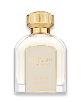Clear glass perfume bottle with gold cap and gold label reading La Sabia Imperial.
