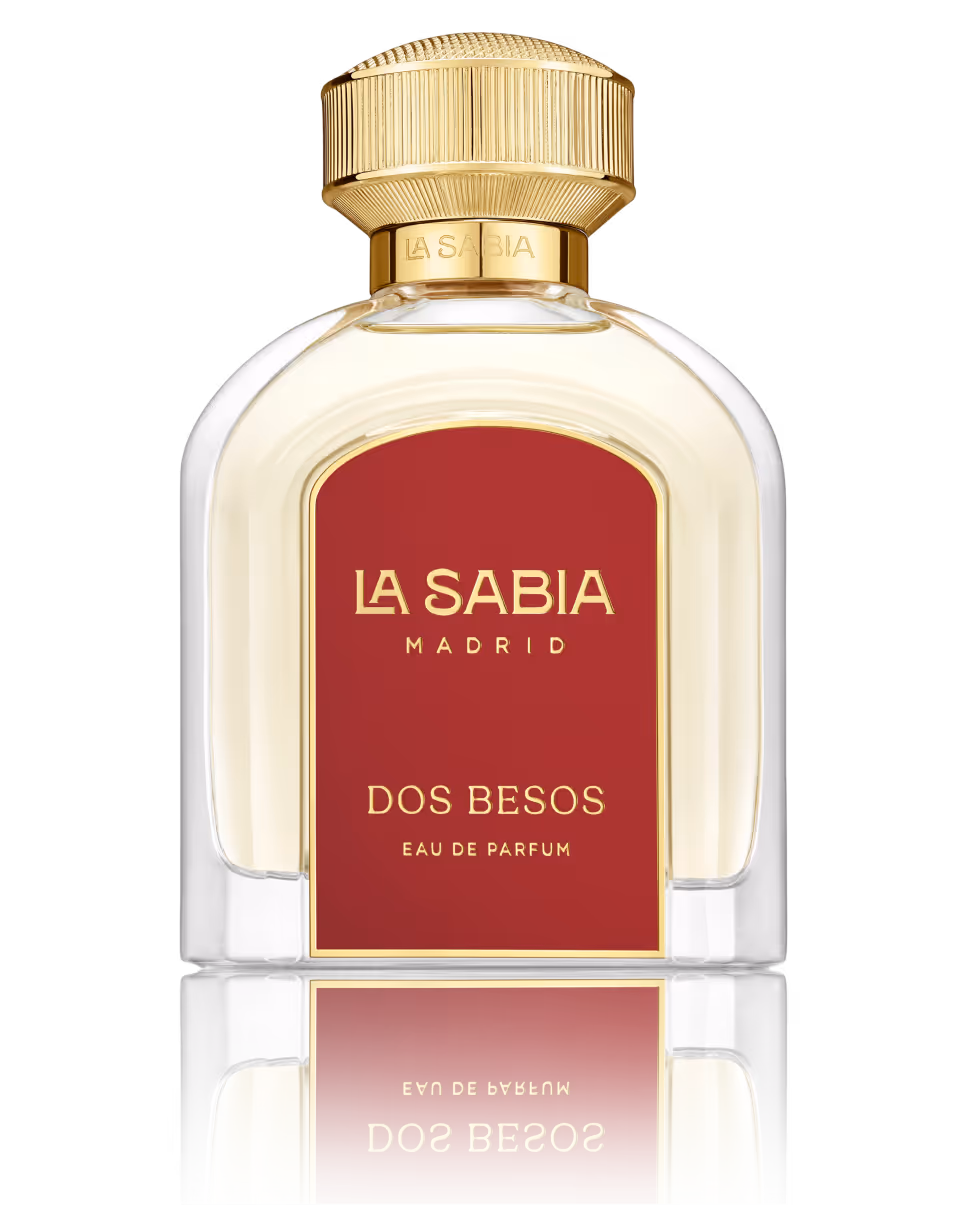 La Sabia Madrid Dos Besos Eau de Parfum bottle with gold cap and red label.
