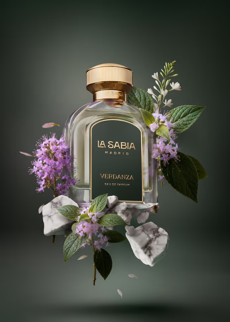Bottle of La Sabia Madrid Verdanza perfume surrounded by purple flowers and green leaves on a dark background.
