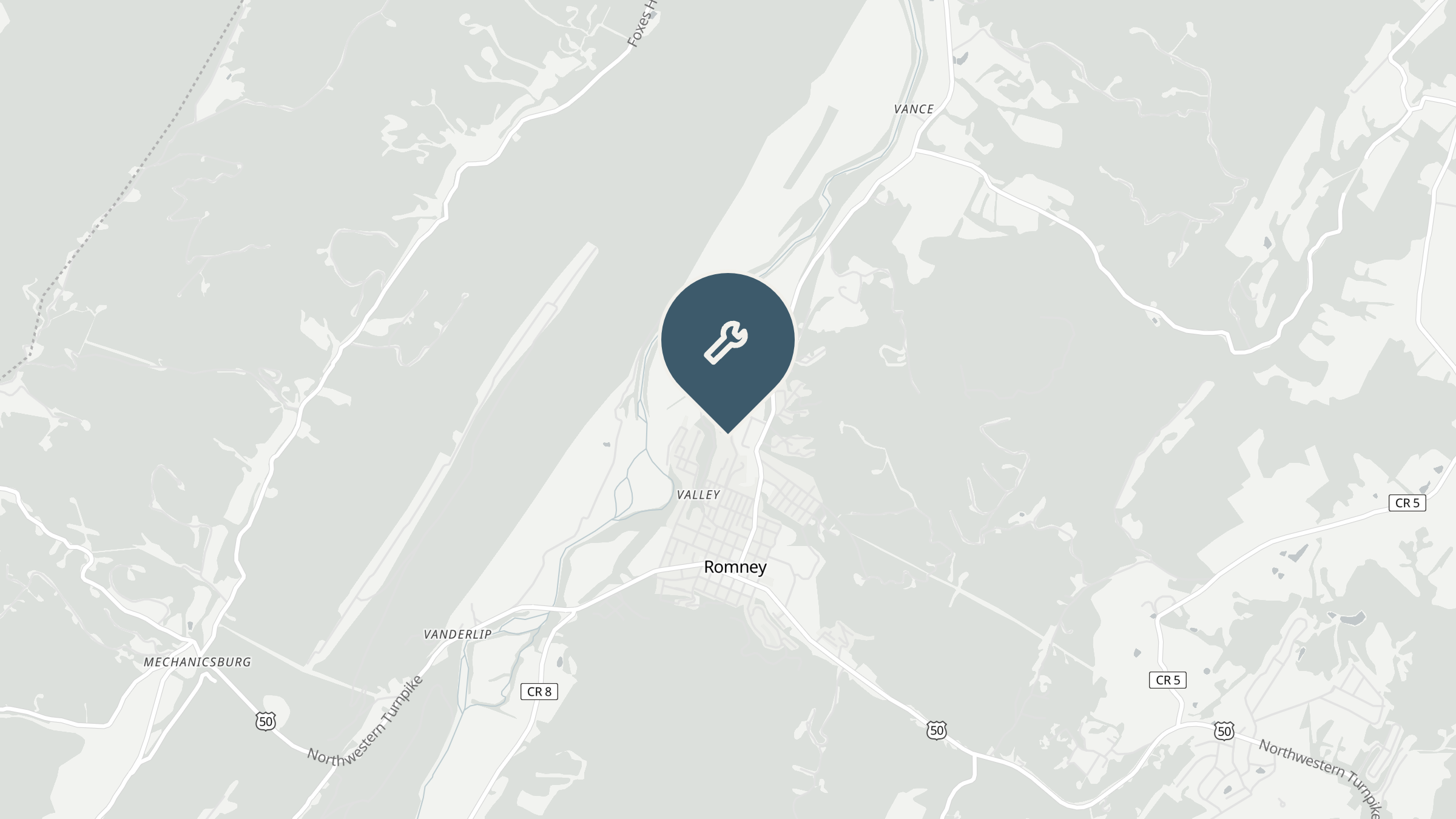 Map showing the location of Romney Cycles in Romney, West Virginia