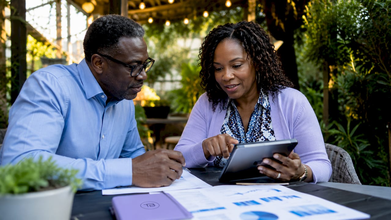 Two professionals reviewing growth data reports collaboratively